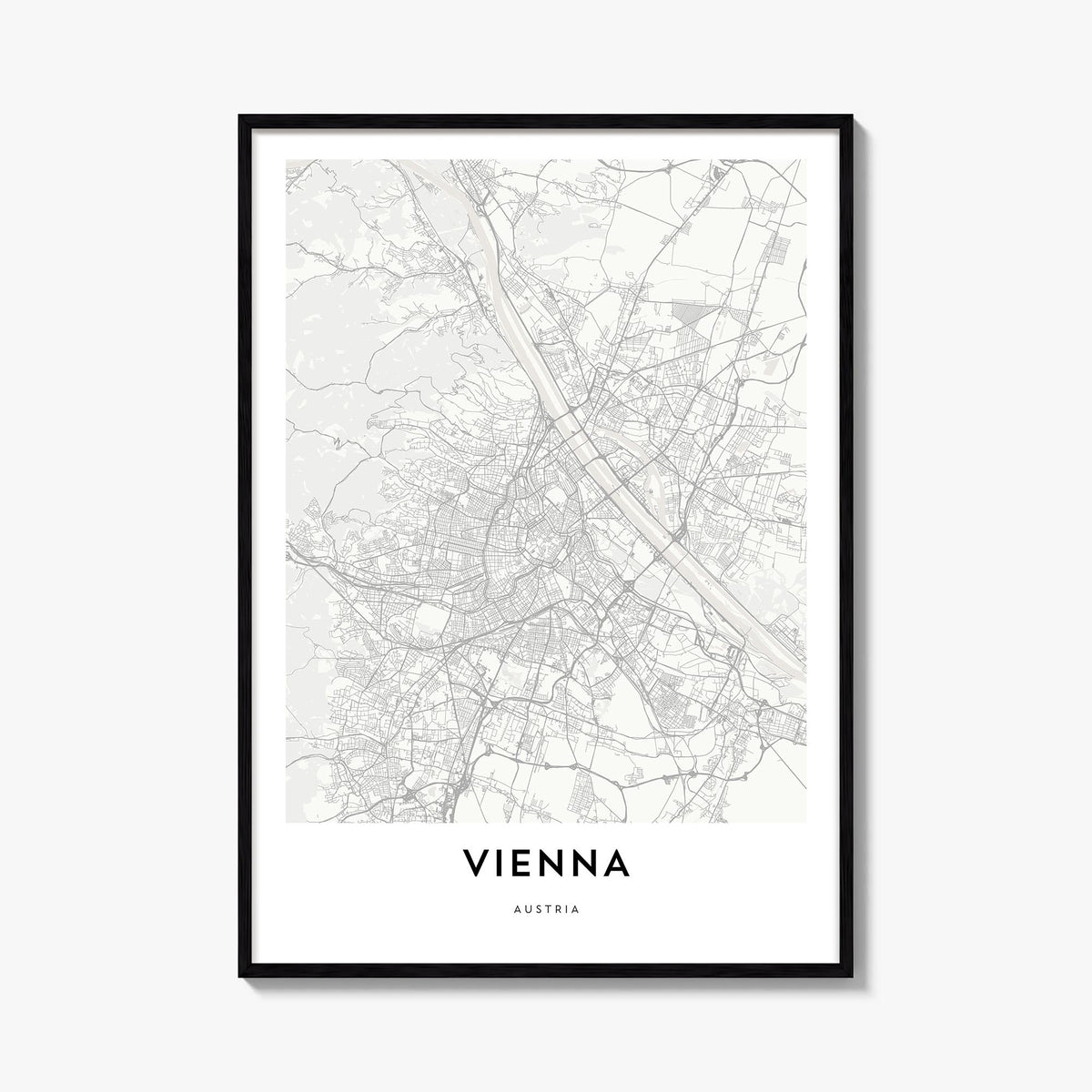 Vienna black & white map poster of Austria – vertical wall art, unframed print shown in interior mockup