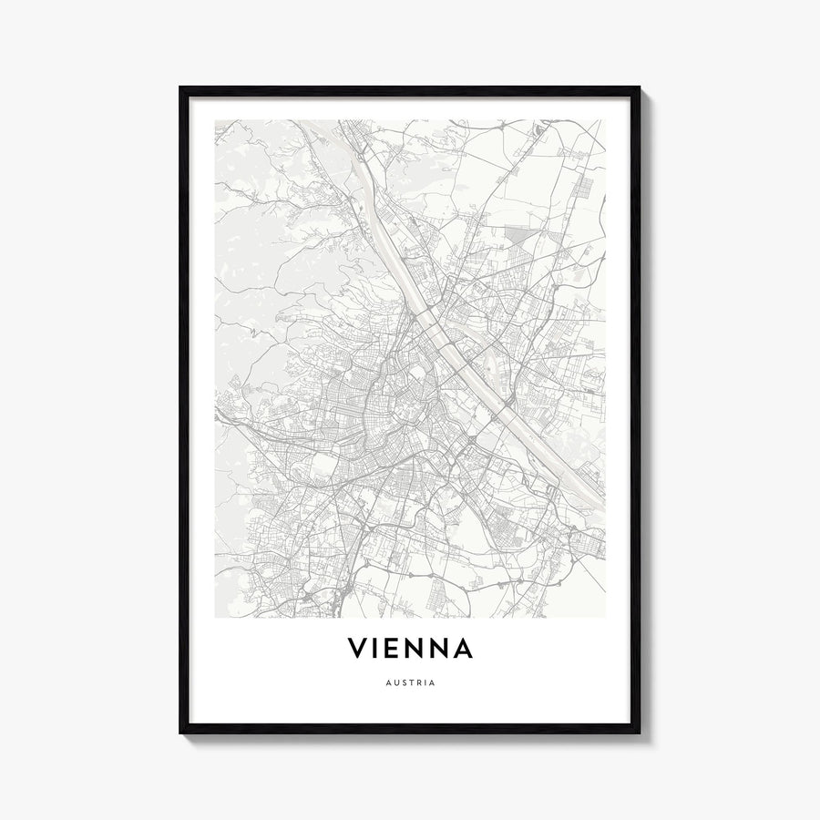 Vienna black & white map poster of Austria – vertical wall art, unframed print shown in interior mockup