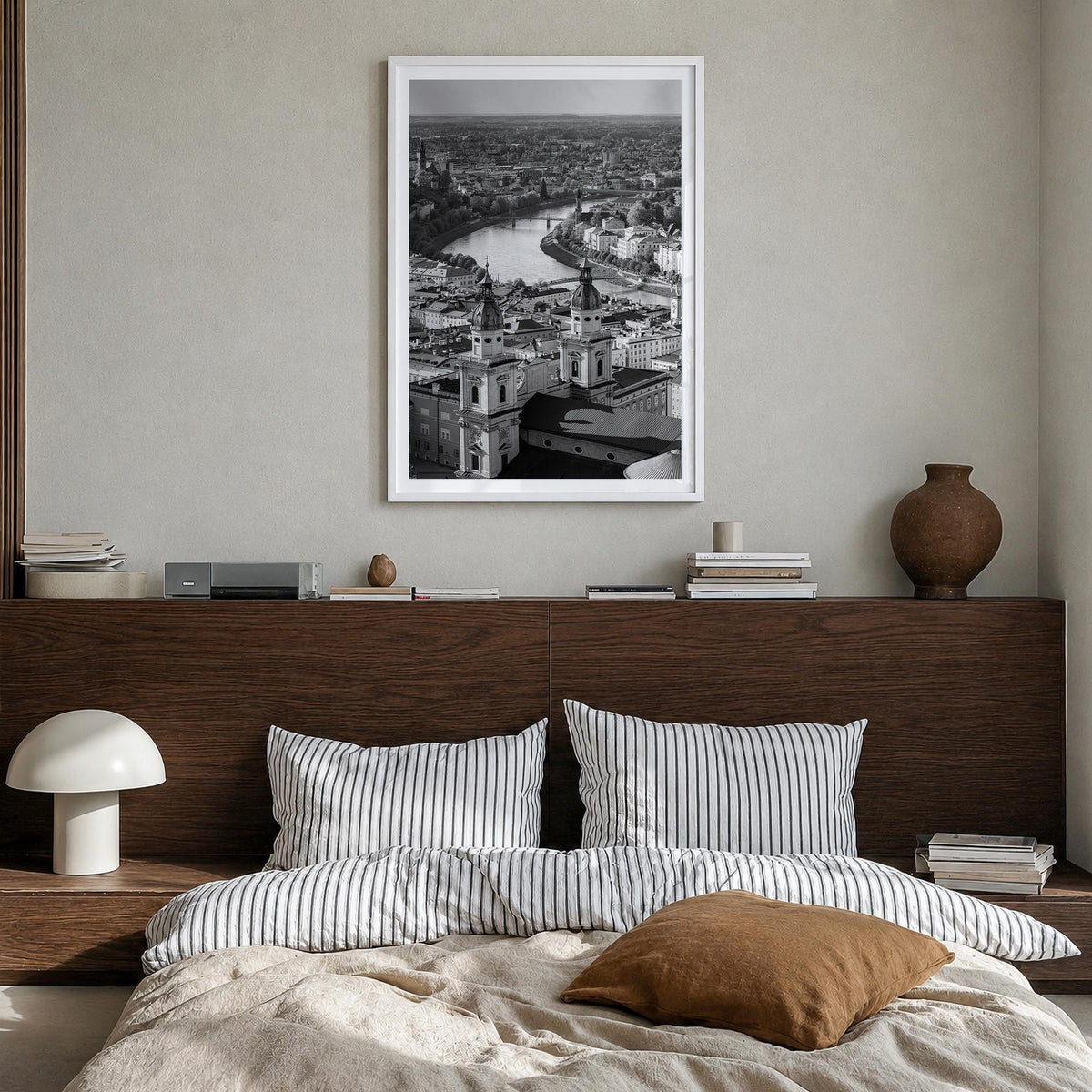 Vienna black & white photo poster of Austria – vertical wall art in white wood frame with white border, hanging on wall