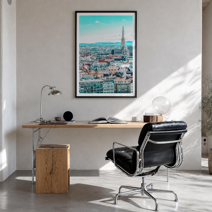 Vienna colorful photo poster of Austria – vertical wall art in black wood frame with white border, hanging on wall