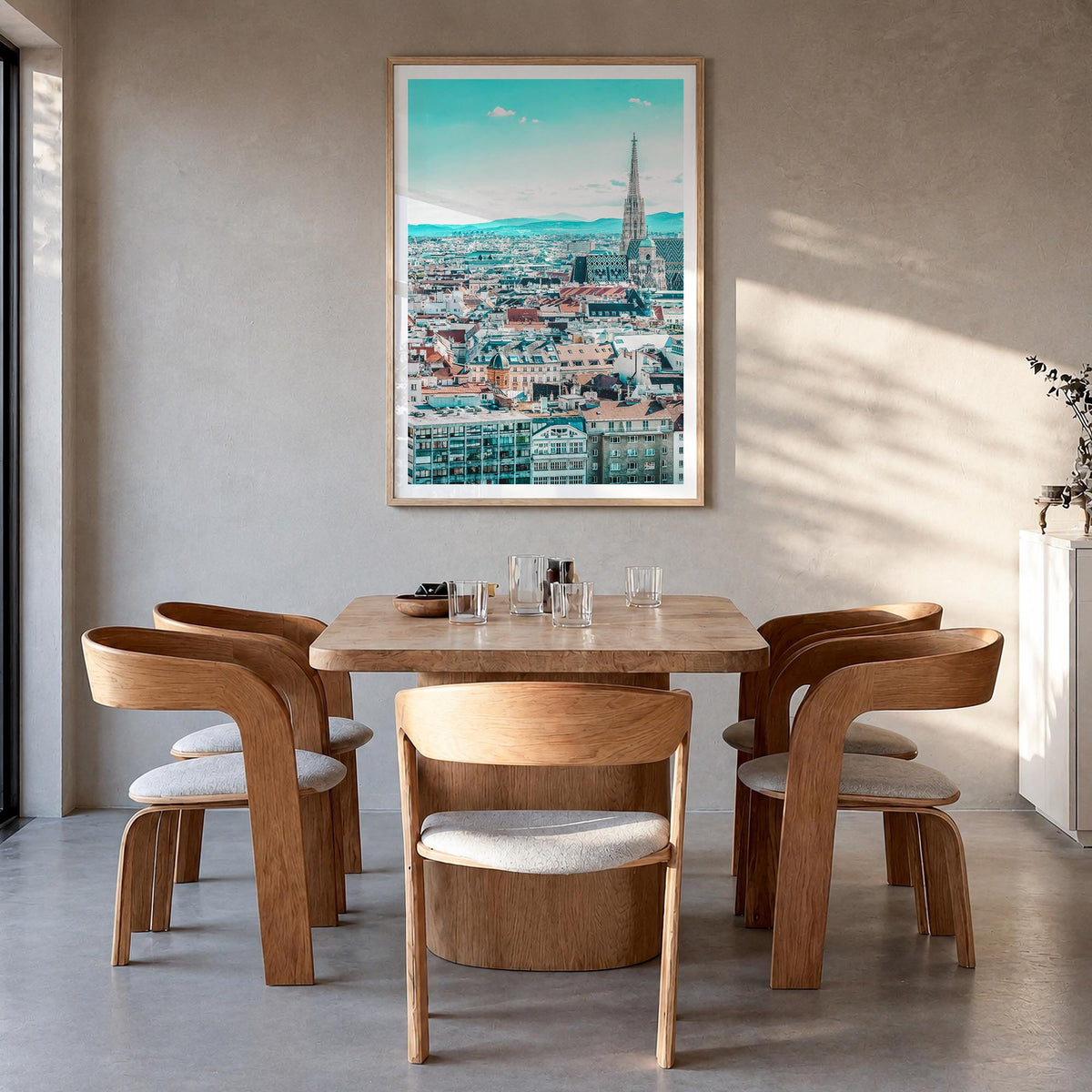 Vienna colorful photo poster of Austria – vertical wall art in natural wood frame with white border, hanging on wall
