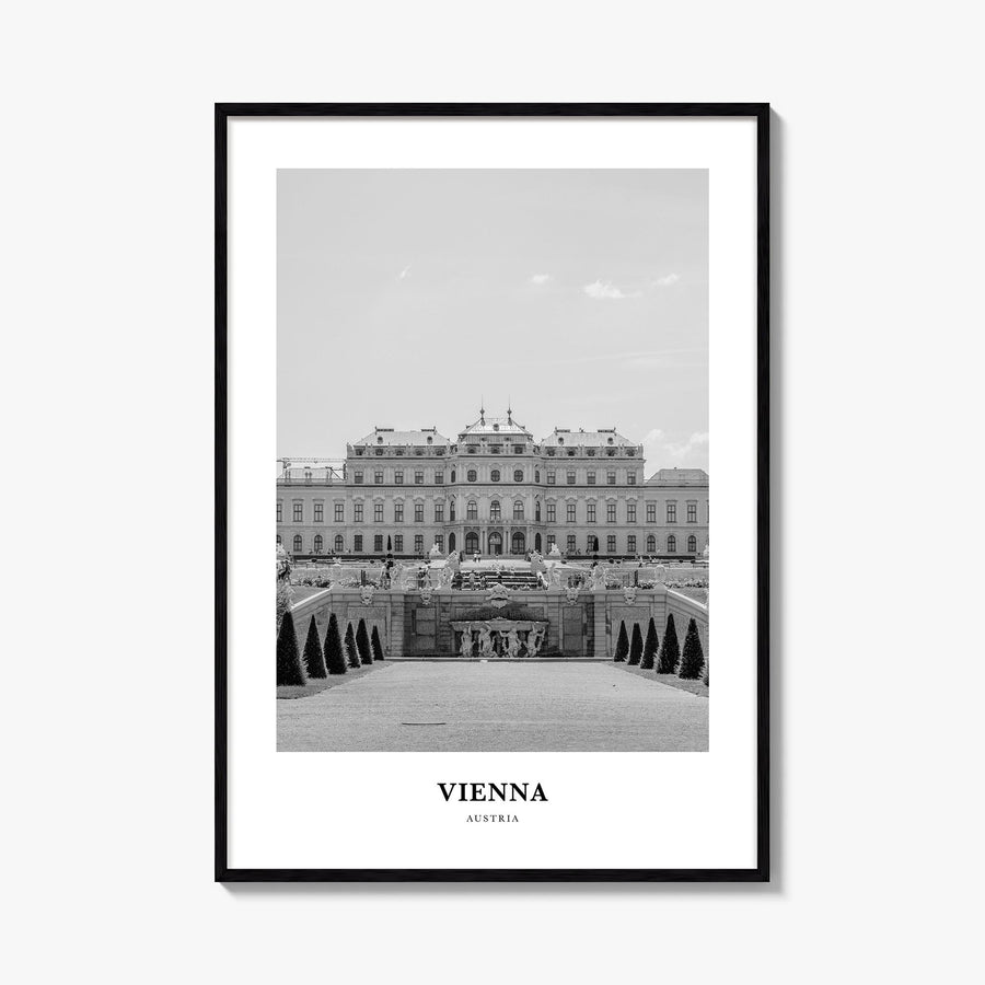 Vienna no. 1 black & white classic poster of Austria – vertical wall art, unframed print shown in interior mockup