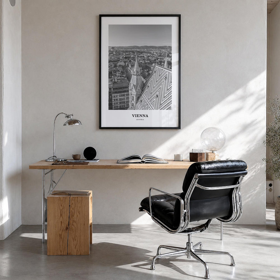 Vienna no. 2 black & white classic poster of Austria – vertical wall art in black wood frame, hanging on wall