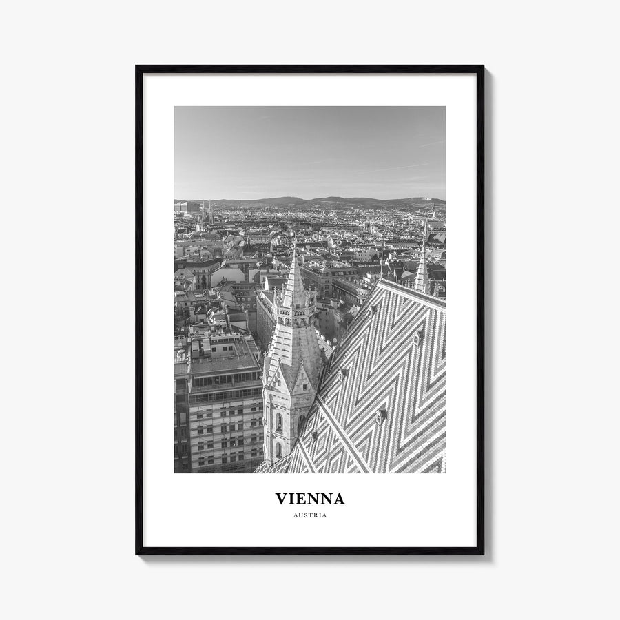 Vienna no. 2 black & white classic poster of Austria – vertical wall art, unframed print shown in interior mockup