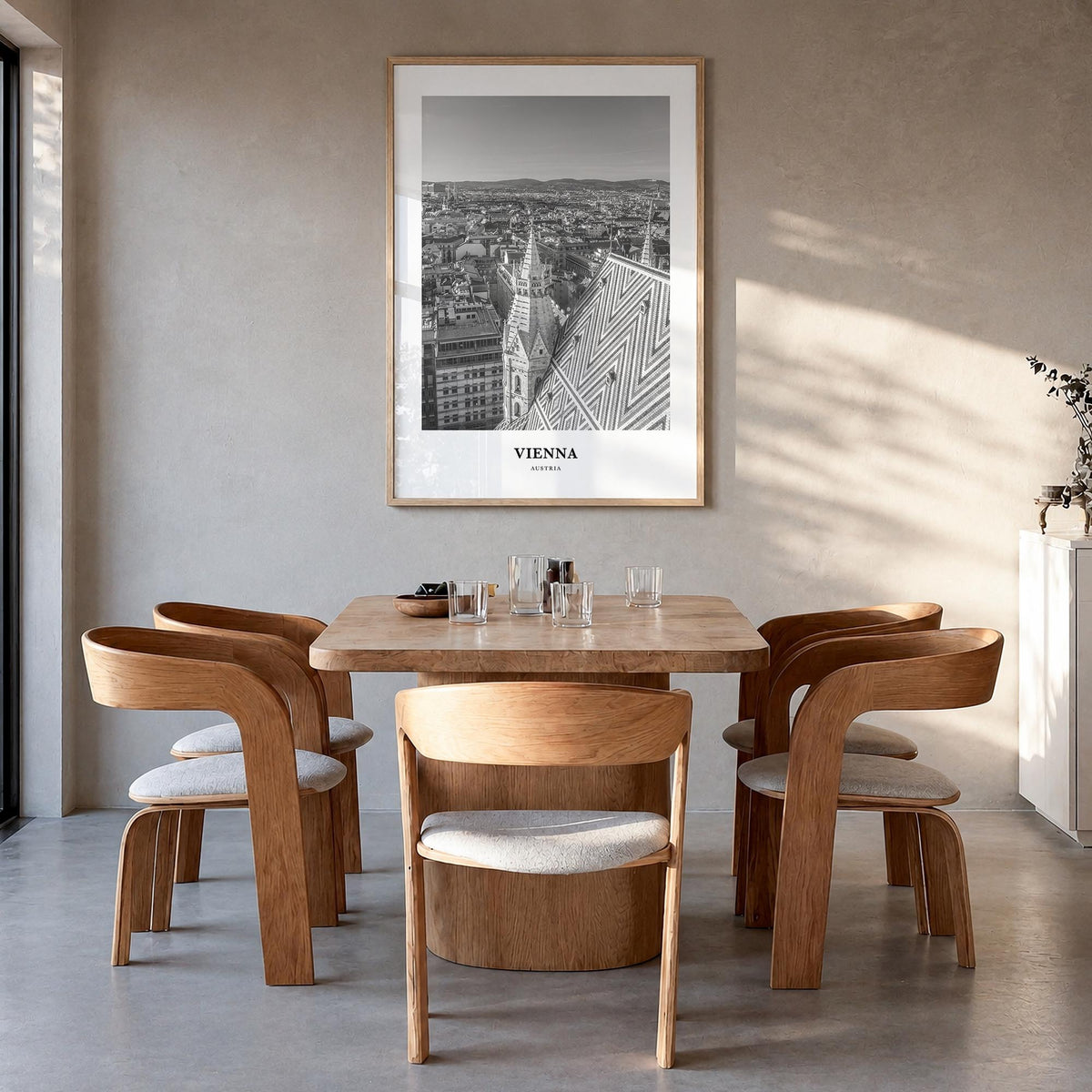 Vienna no. 2 black & white classic poster of Austria – vertical wall art in natural wood frame, hanging on wall