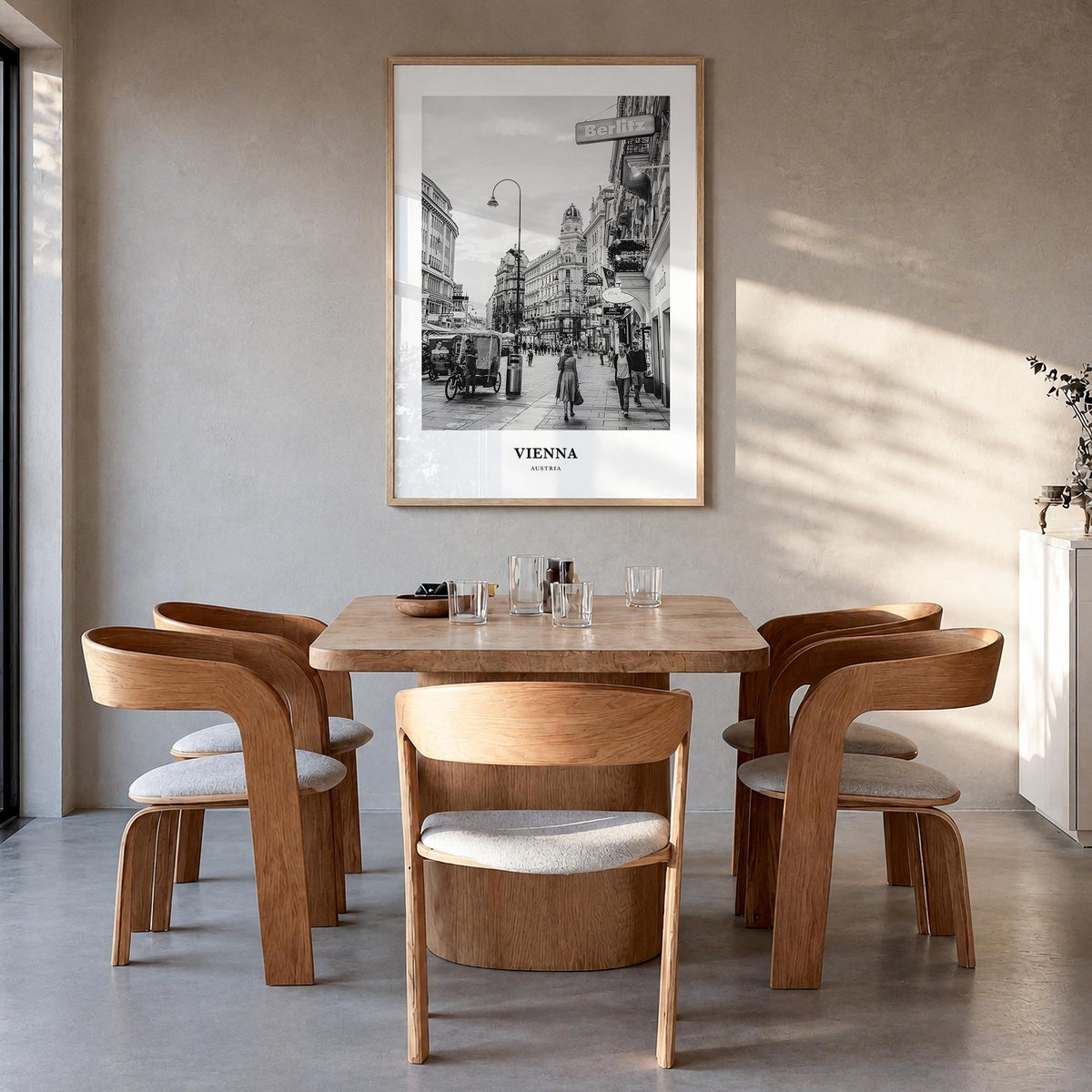 Vienna no. 3 black & white classic poster of Austria – vertical wall art in natural wood frame, hanging on wall