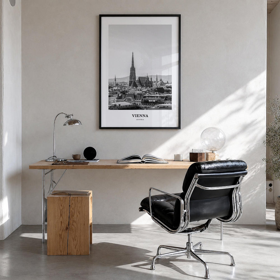 Vienna no. 4 black & white classic poster of Austria – vertical wall art in black wood frame, hanging on wall