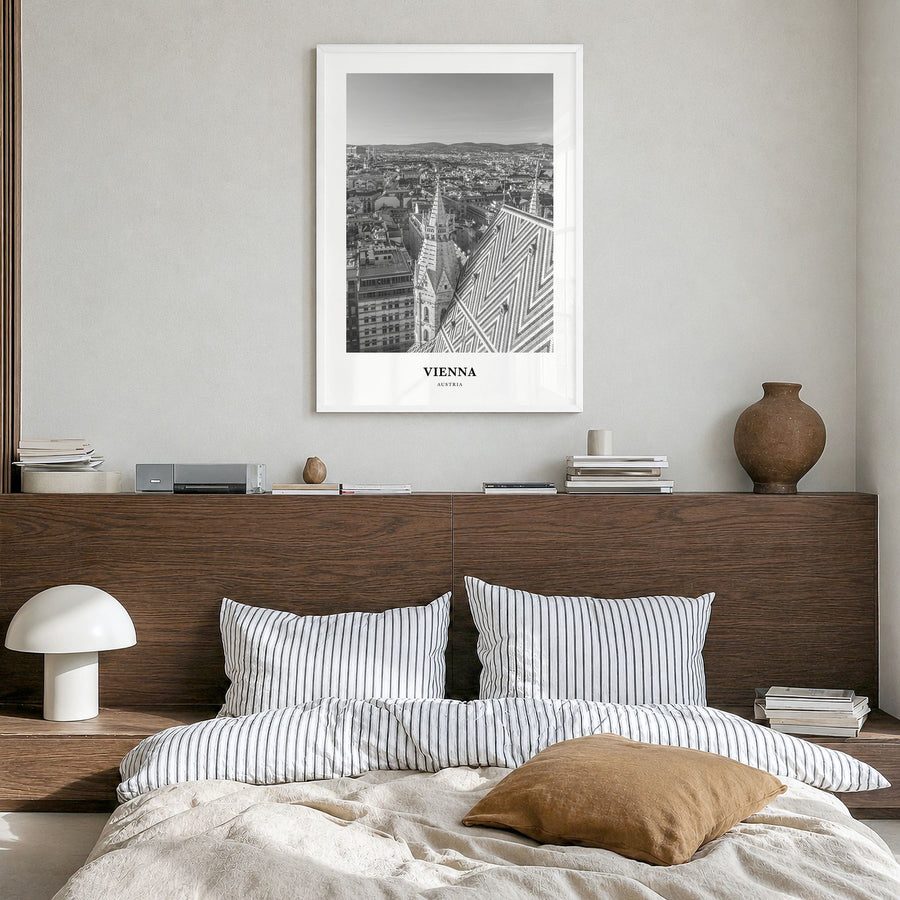 Vienna Classic No 2 Poster in a white wood frame, hanging in a bedroom