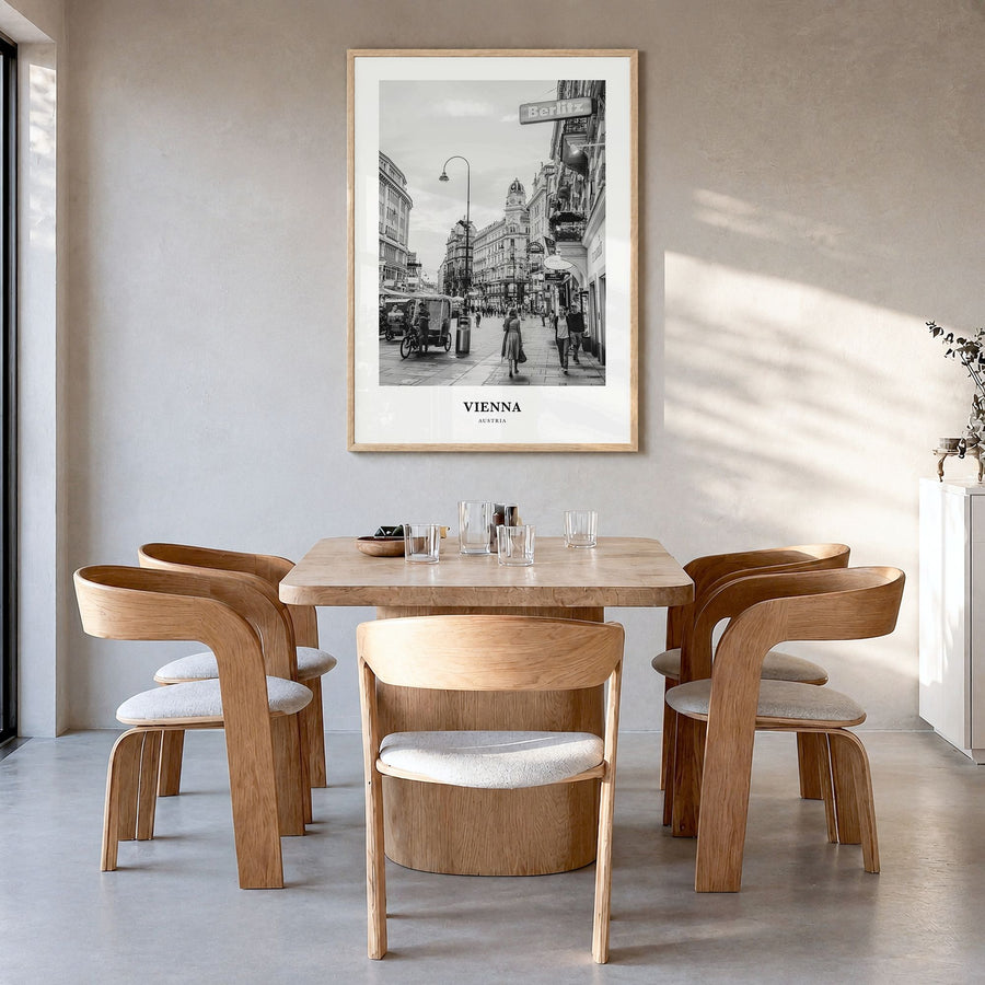 Vienna Classic No 3 Poster in a natural wood frame, hanging in a dining room