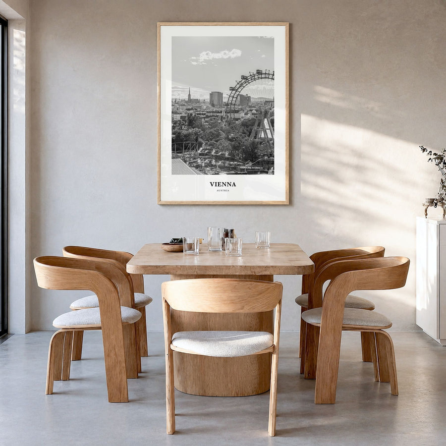 Vienna Classic No 5 Poster in a natural wood frame, hanging in a dining room