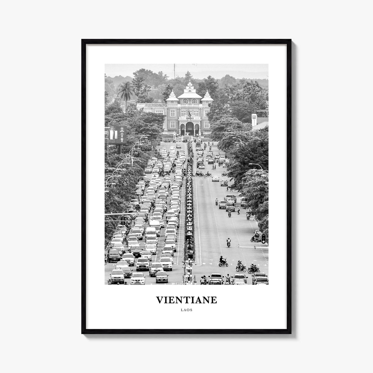 Vientiane black & white classic poster of Laos – vertical wall art, unframed print shown in interior mockup