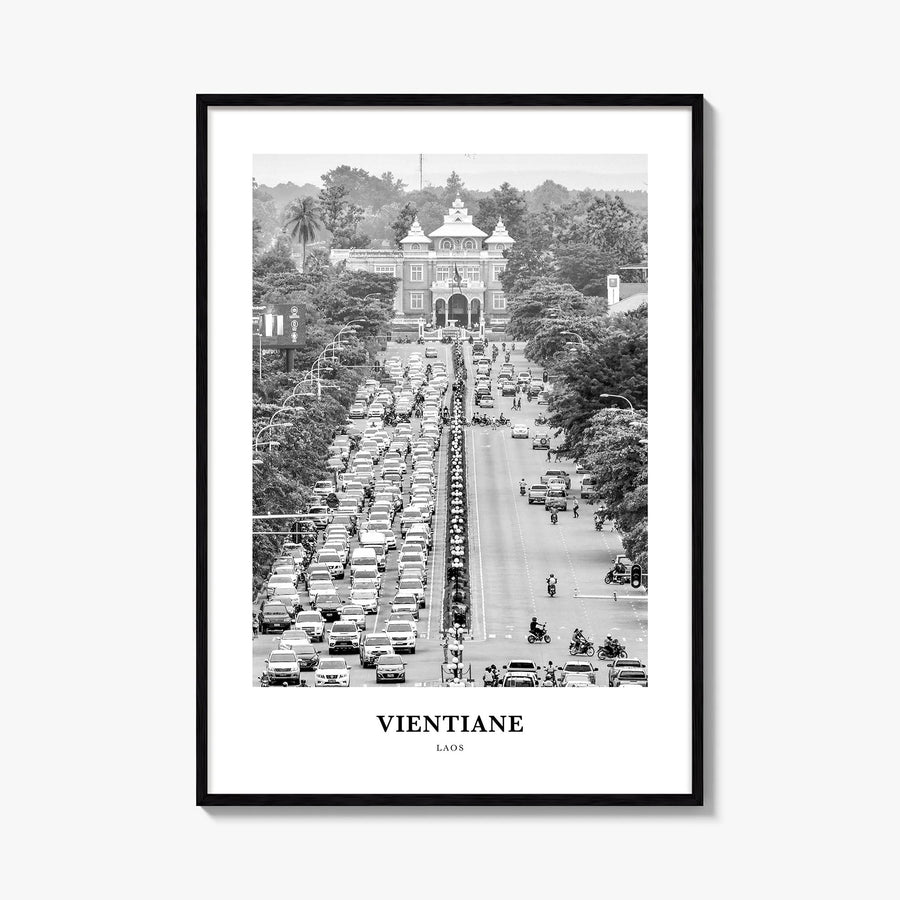 Vientiane black & white classic poster of Laos – vertical wall art, unframed print shown in interior mockup
