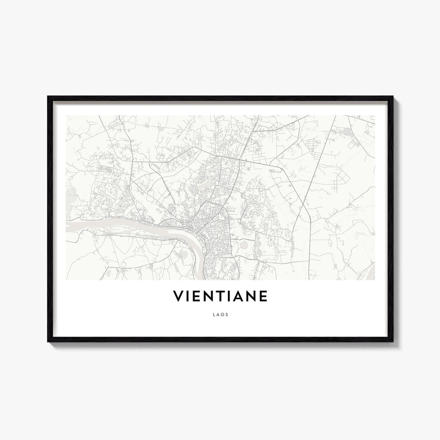 Vientiane black & white map poster of Laos – horizontal wall art, unframed print shown in interior mockup