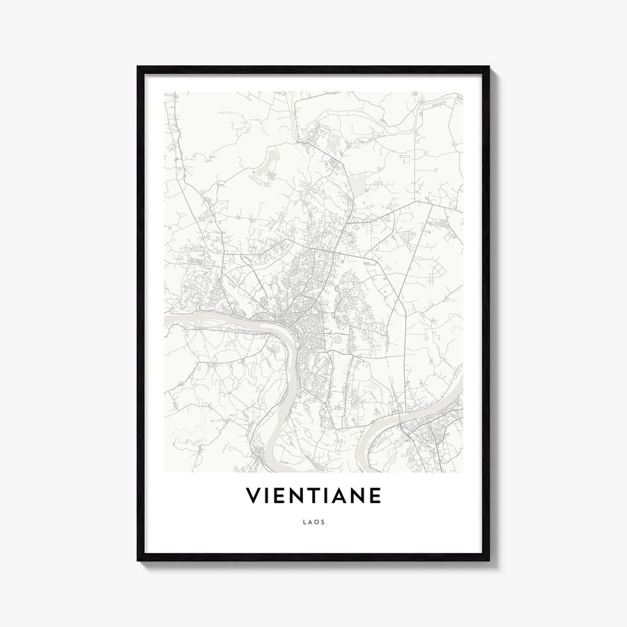 Vientiane black & white map poster of Laos – vertical wall art, unframed print shown in interior mockup