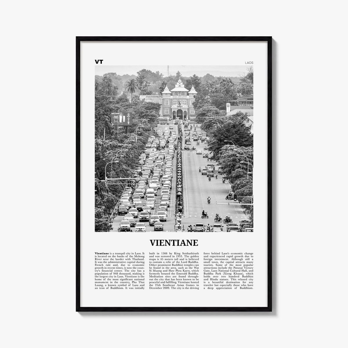 Vientiane black & white newspaper poster of Laos – vertical wall art, unframed print shown in interior mockup