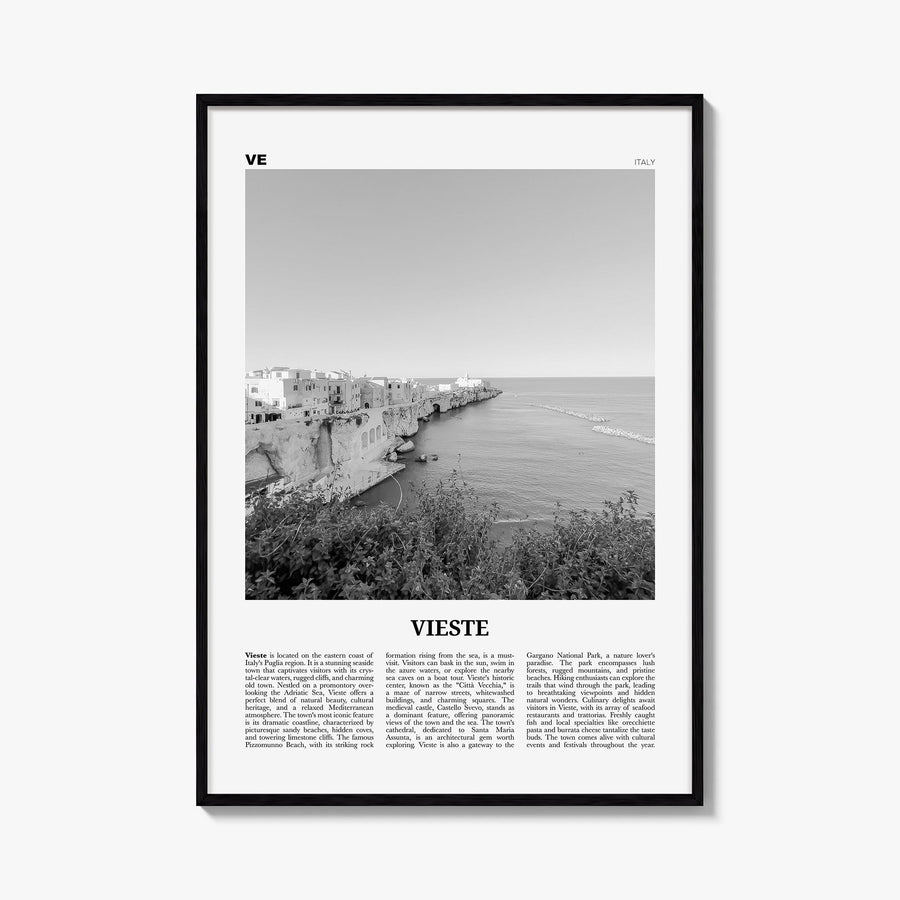 Vieste black & white newspaper poster of Italy – vertical wall art, unframed print shown in interior mockup