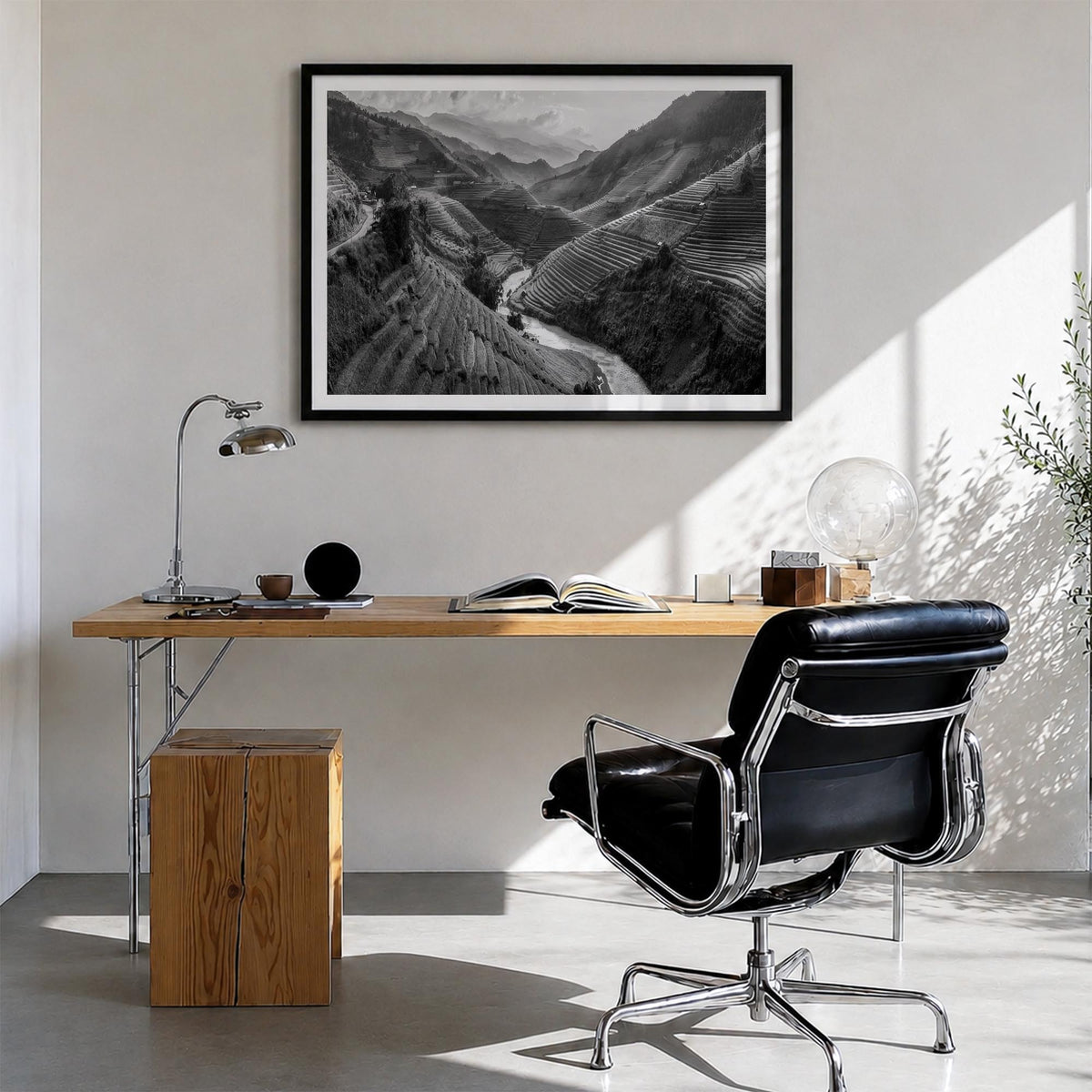 Vietnam black & white photo poster of Asia – horizontal wall art in black wood frame with white border, hanging on wall