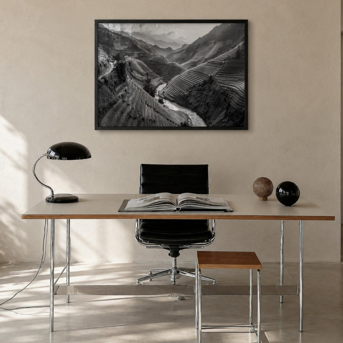 Vietnam black & white photo poster of Asia – horizontal wall art in black wood frame, hanging on wall