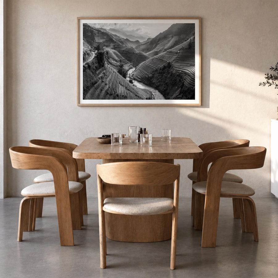 Vietnam black & white photo poster of Asia – horizontal wall art in natural wood frame with white border, hanging on wall