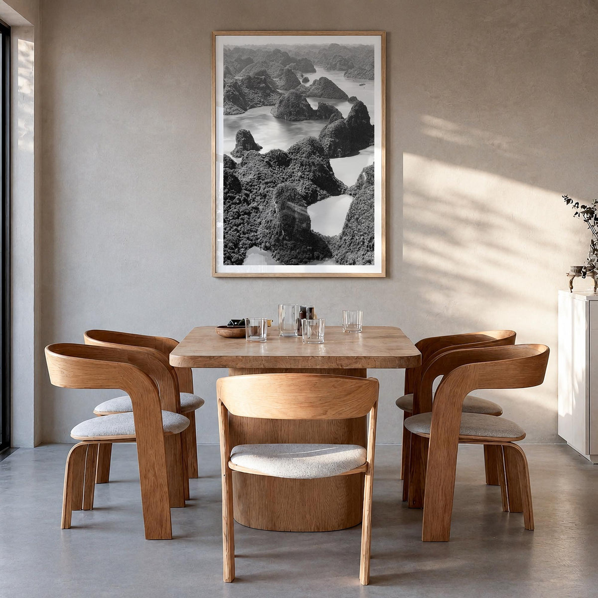 Vietnam black & white photo poster of Asia – vertical wall art in natural wood frame with white border, hanging on wall