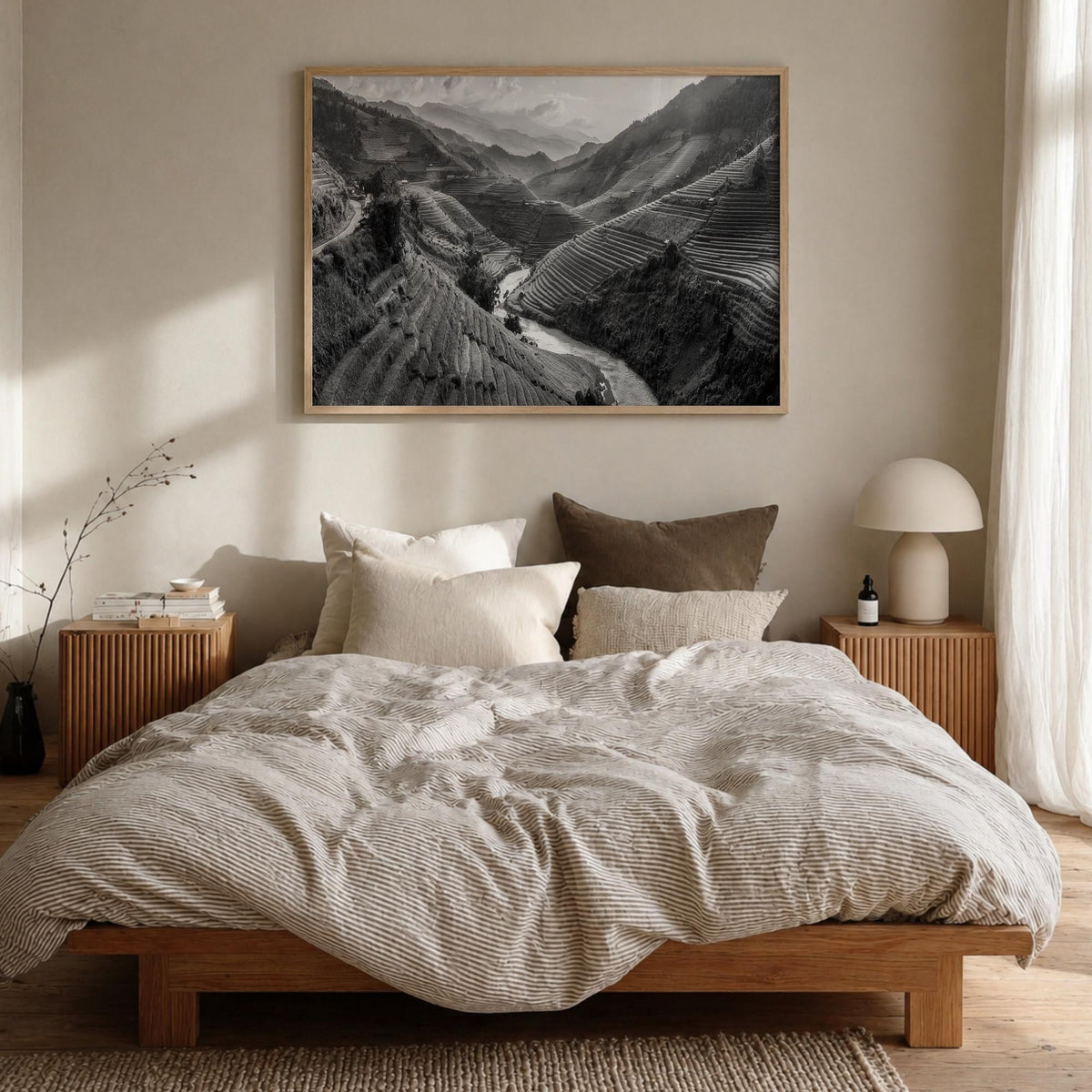 Vietnam black & white photo poster of Asia – horizontal wall art in natural wood frame, hanging on wall