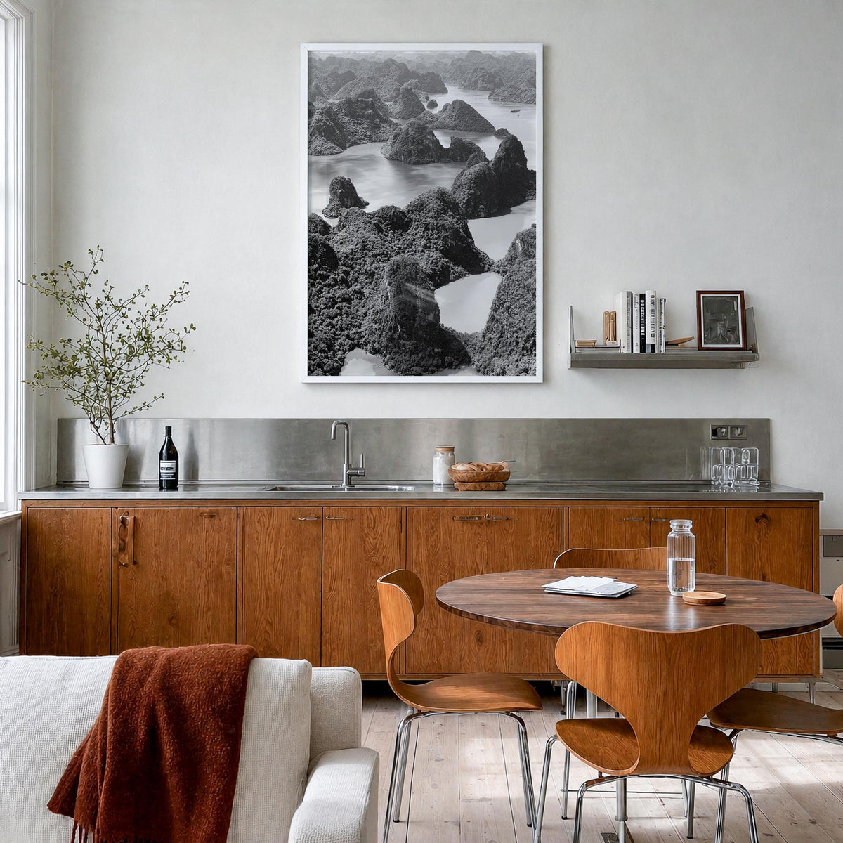 Vietnam black & white photo poster of Asia – vertical wall art in white wood frame, hanging on wall