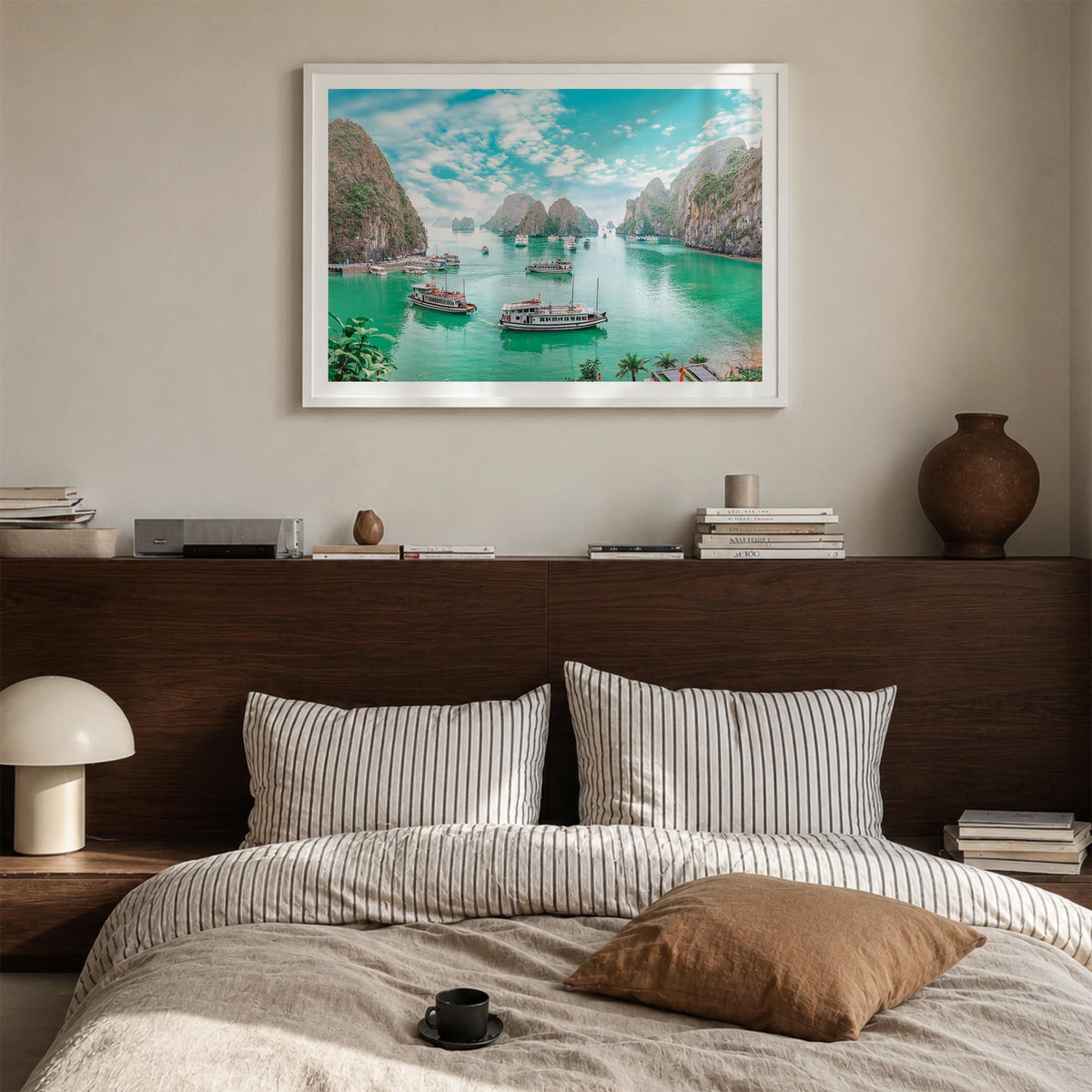 Vietnam colorful photo poster of Asia – horizontal wall art in white wood frame with white border, hanging on wall