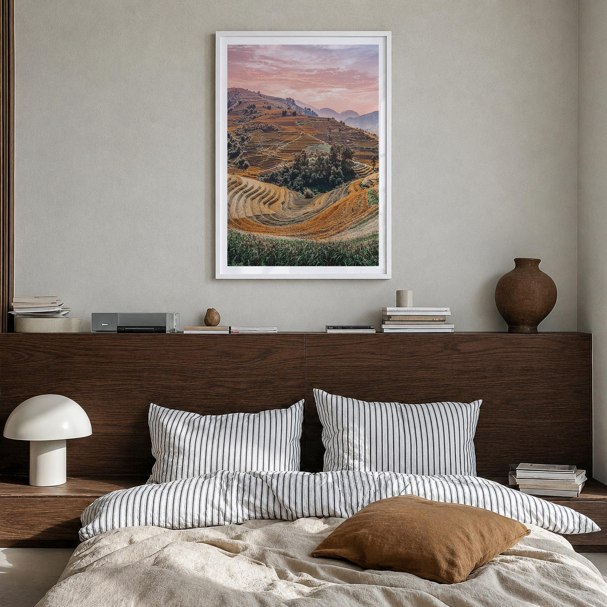 Vietnam colorful photo poster of Asia – vertical wall art in white wood frame with white border, hanging on wall