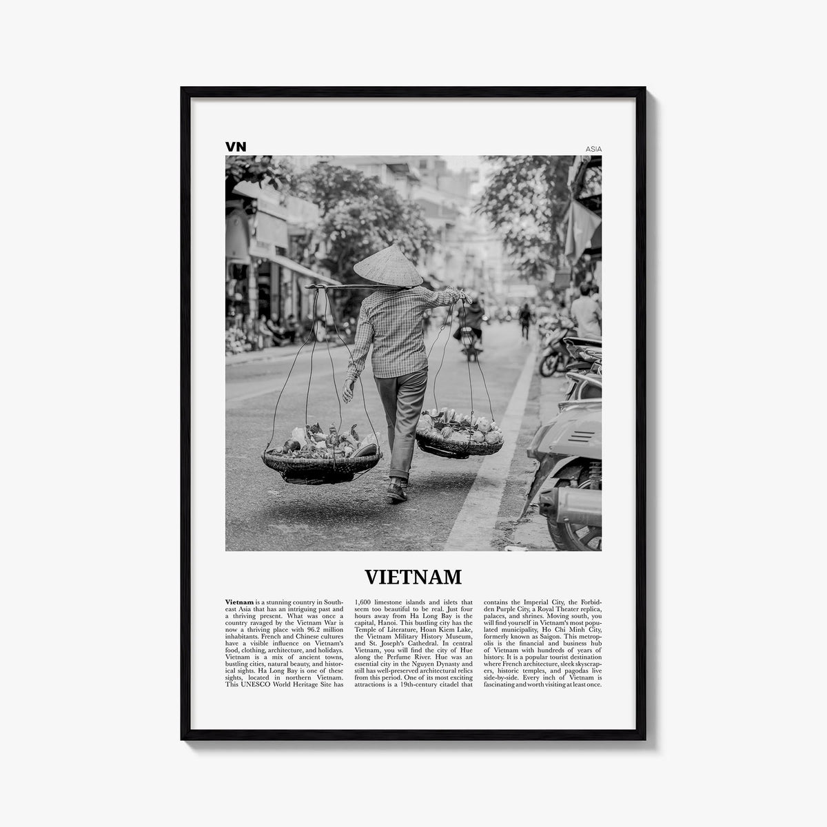 Vietnam no. 2 black & white newspaper poster of Asia – vertical wall art, unframed print shown in interior mockup