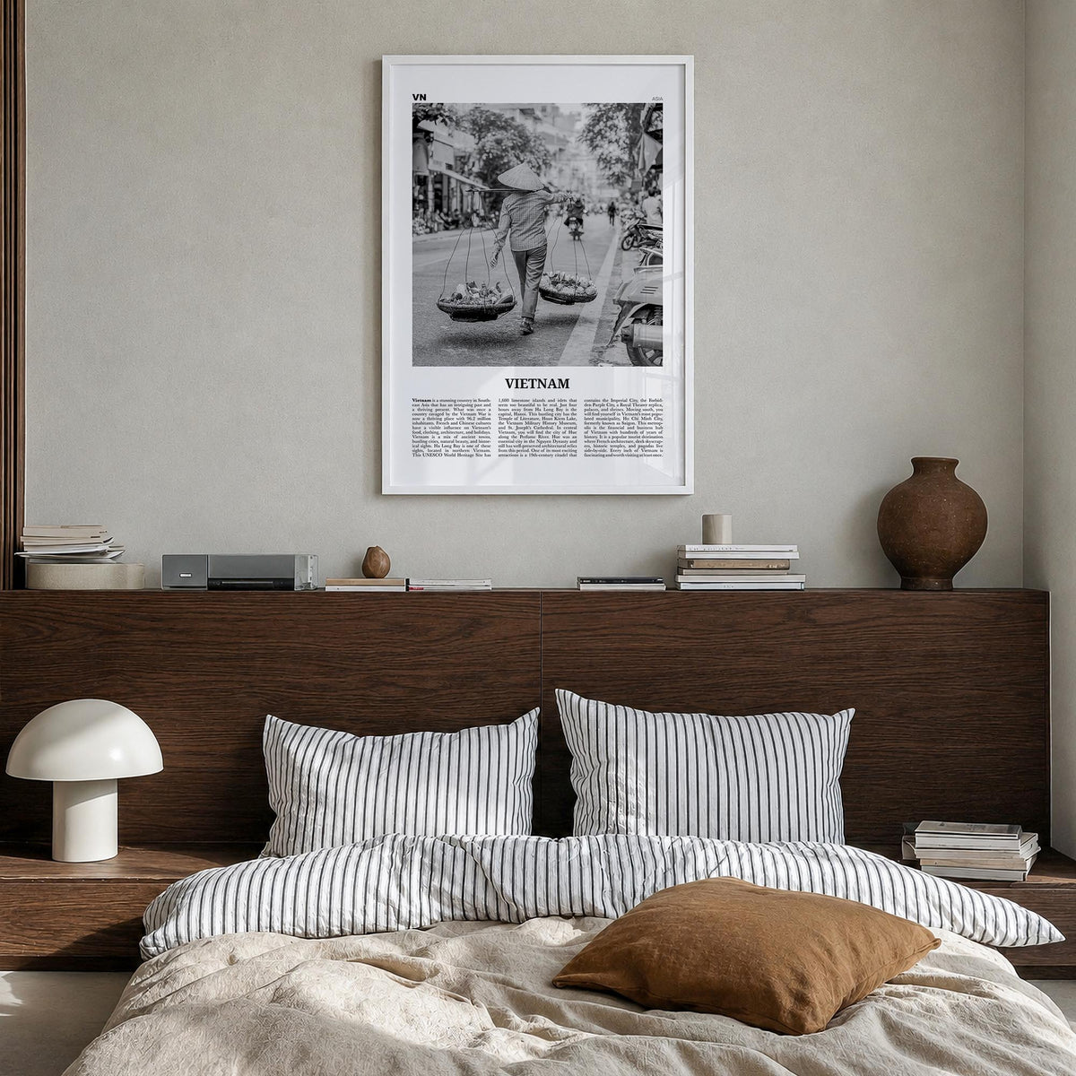 Vietnam no. 2 black & white newspaper poster of Asia – vertical wall art in white wood frame, hanging on wall