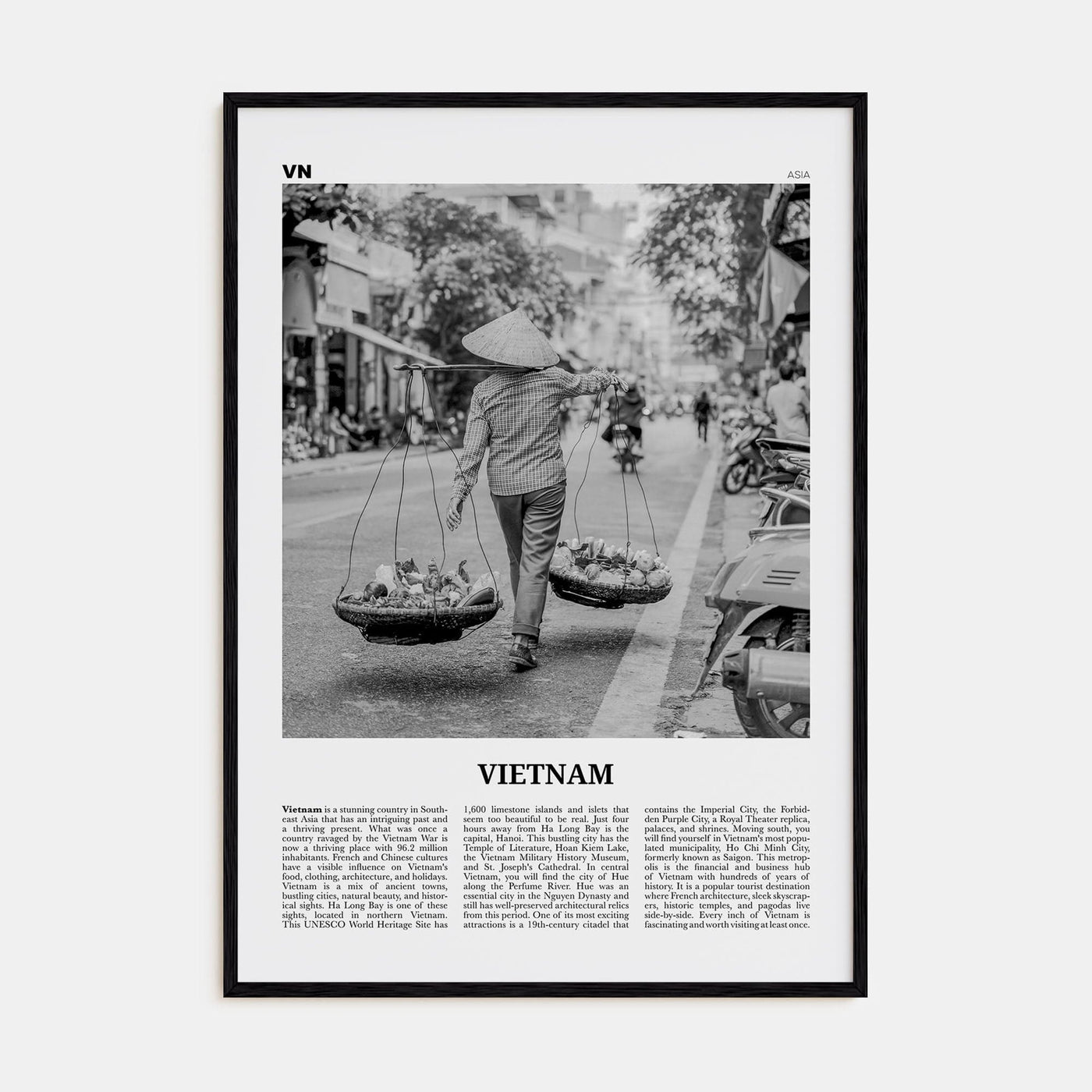 Vietnam No 2 Poster Black Wood / 8x12 in Nbourhood Travel B&W Poster