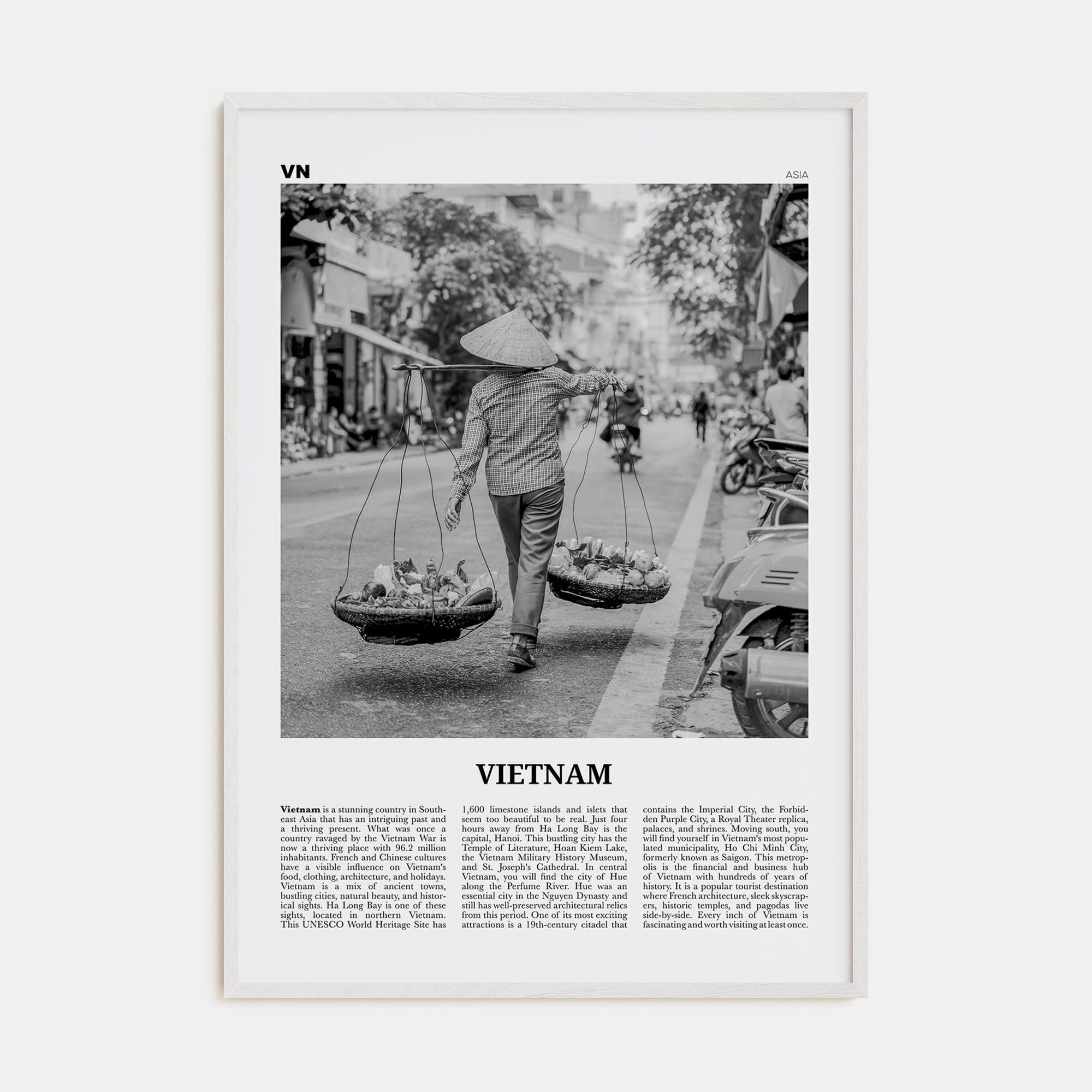 Vietnam No 2 Poster White Wood / 8x12 in Nbourhood Travel B&W Poster