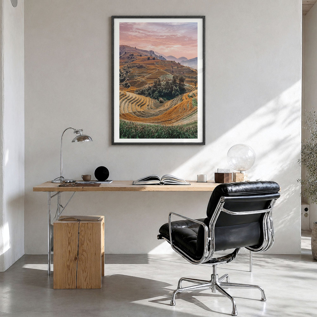Vietnam Photo Poster in a black wood frame, hanging in a bright home office, white border