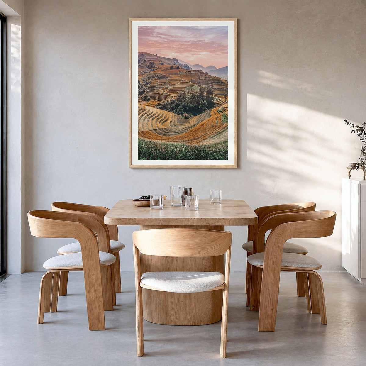 Vietnam Photo Poster in a natural wood frame, hanging in a dining room, white border