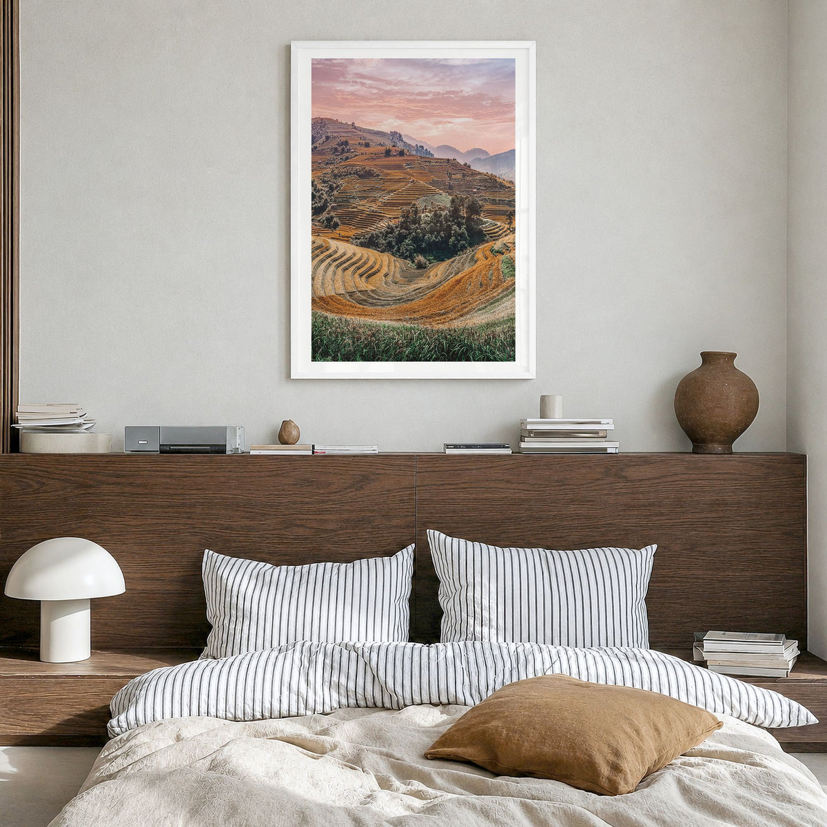 Vietnam Photo Poster in a white wood frame, hanging in a bedroom, white border