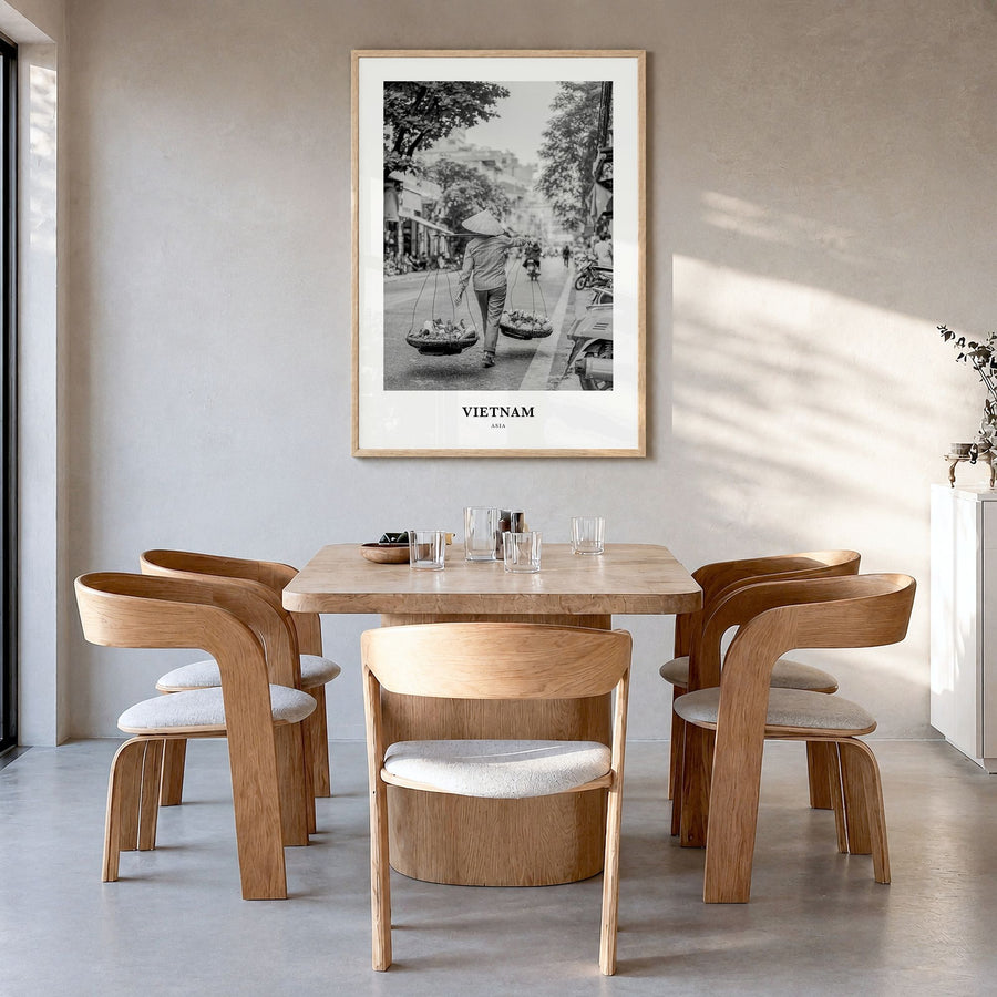 Vietnam Classic No 2 Poster in a natural wood frame, hanging in a dining room