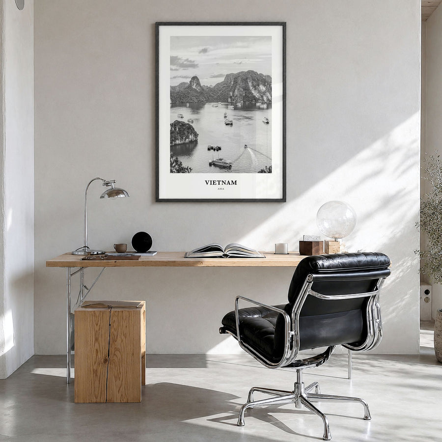 Vietnam Classic No 3 Poster in a black wood frame, hanging in a bright home office