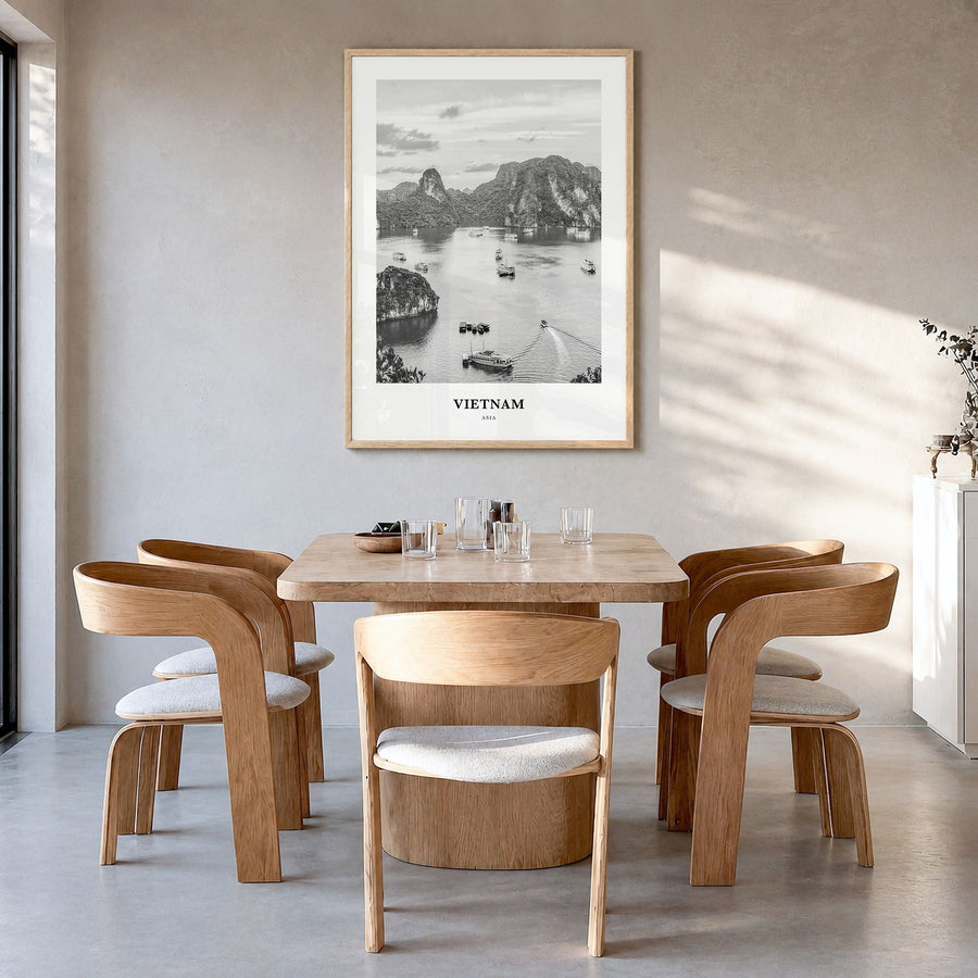 Vietnam Classic No 3 Poster in a natural wood frame, hanging in a dining room
