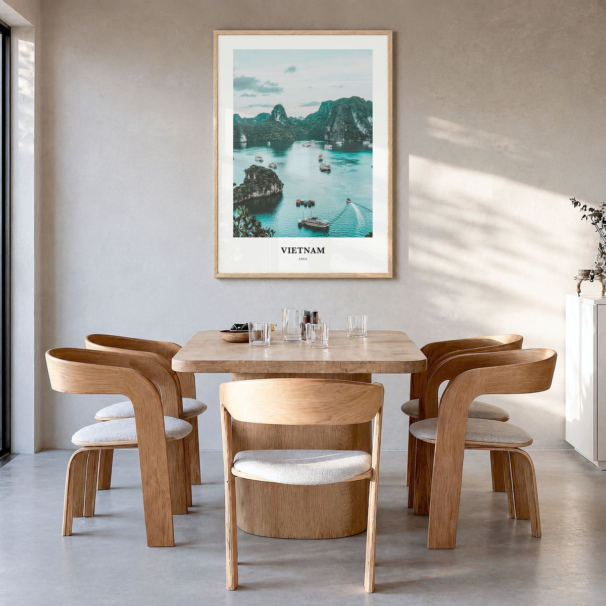 Vietnam Classic Poster in a natural wood frame, hanging in a dining room