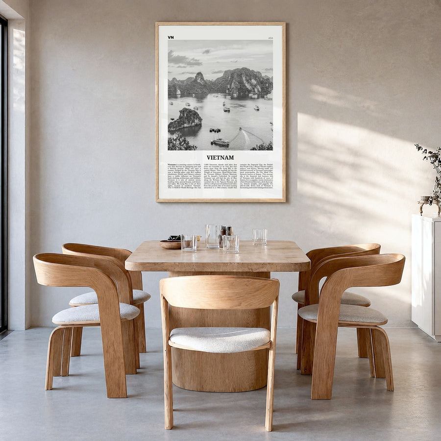Vietnam Newspaper No 1 Poster in a natural wood frame, hanging in a dining room