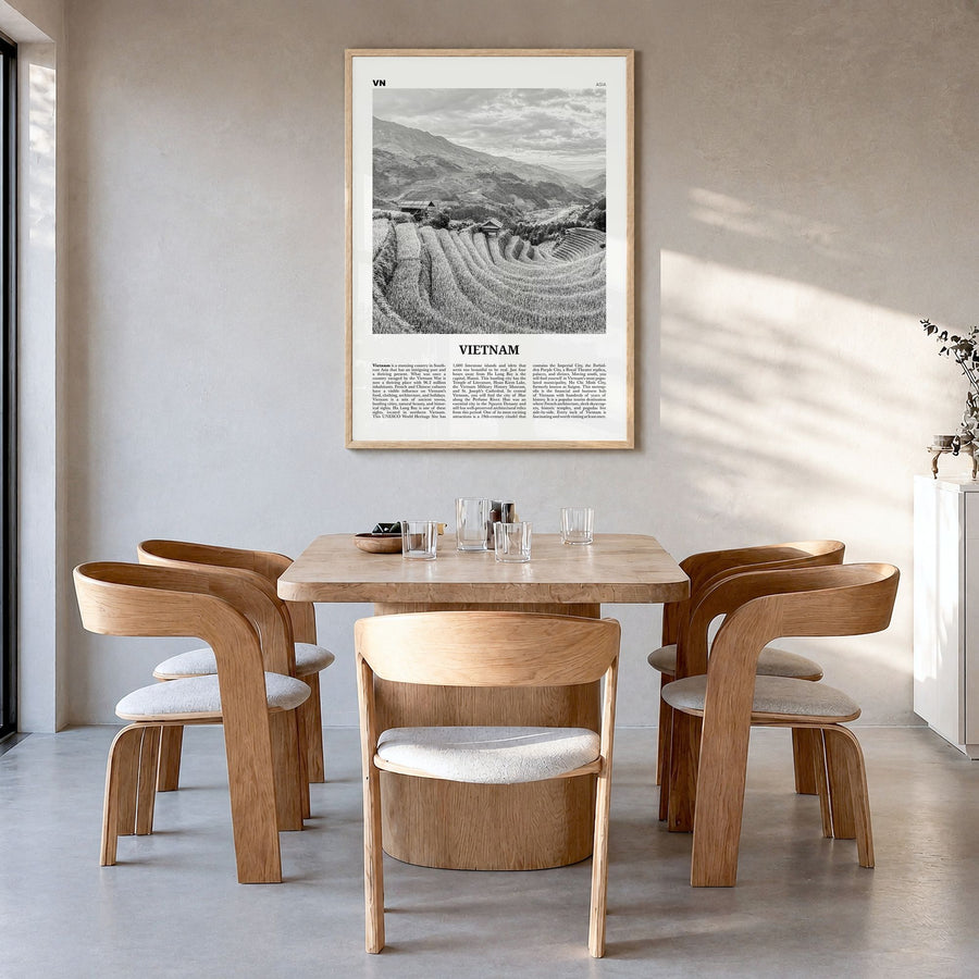 Vietnam Newspaper No 3 Poster in a natural wood frame, hanging in a dining room