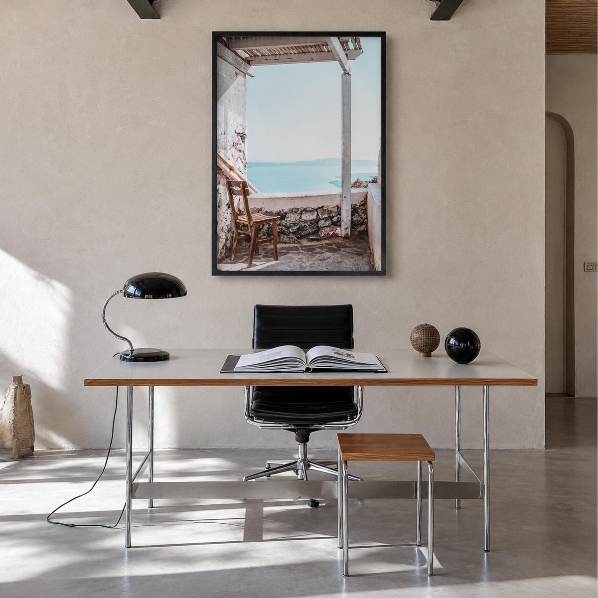 View from a Chair colorful photo poster – vertical wall art in black wood frame, hanging on wall