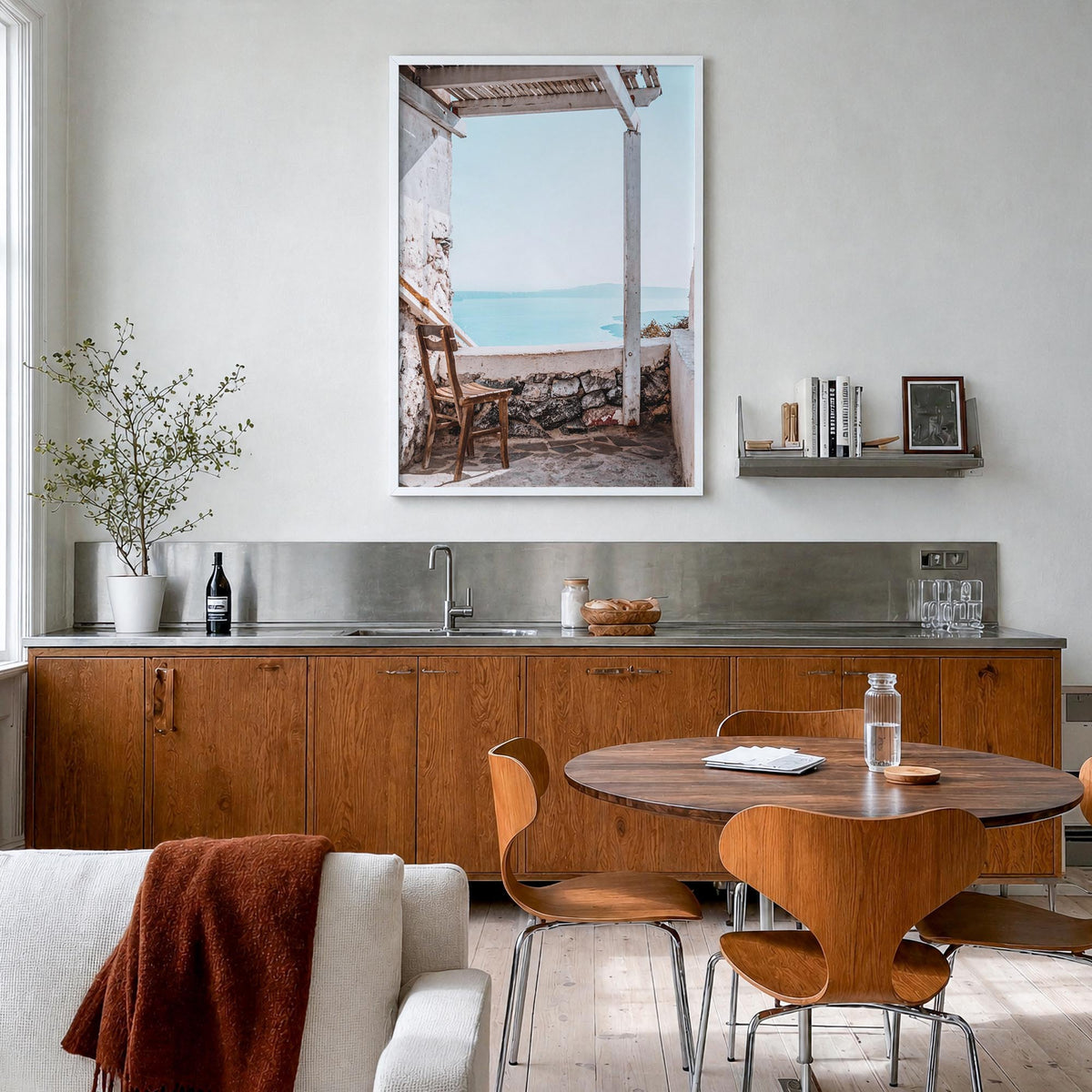View from a Chair colorful photo poster – vertical wall art in white wood frame, hanging on wall