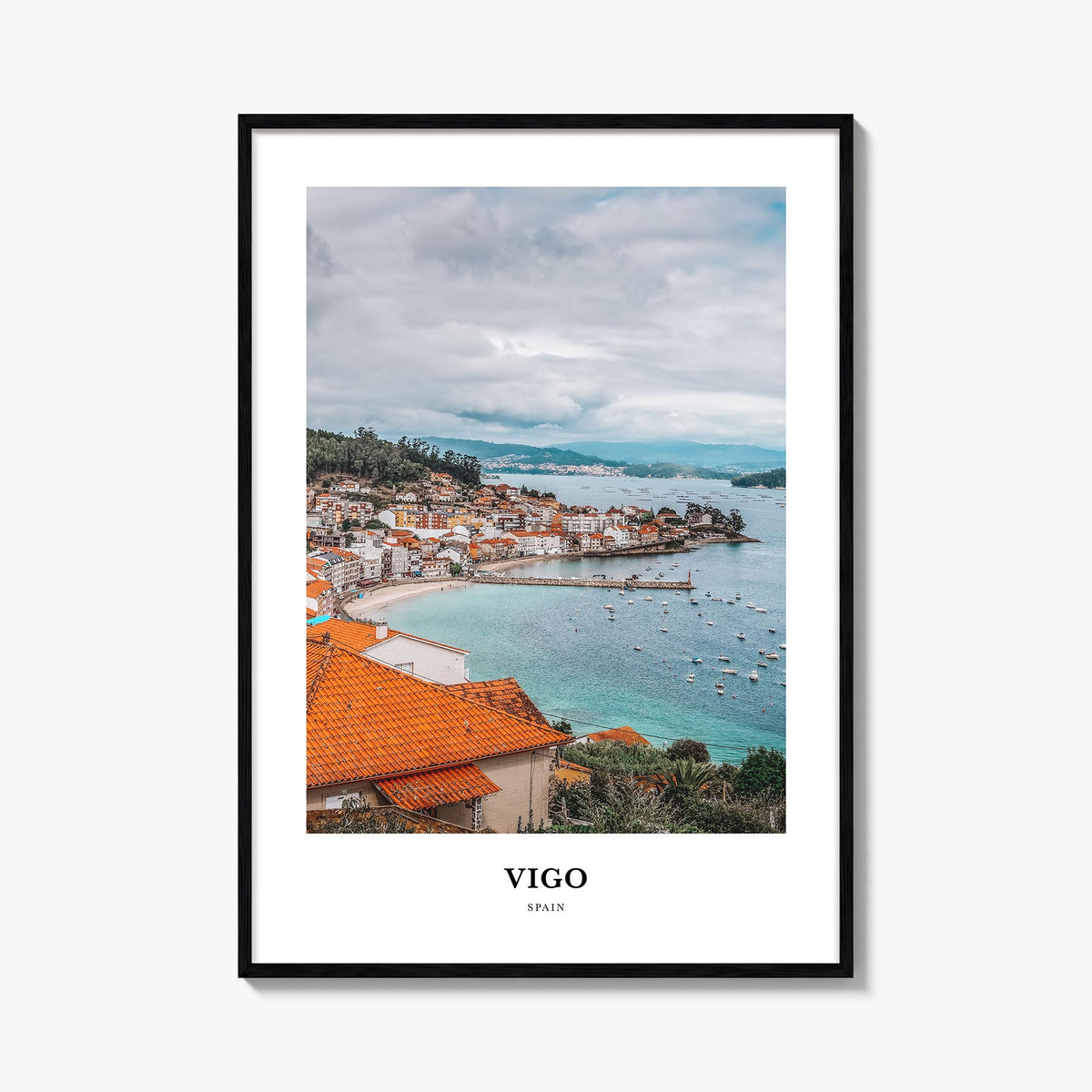 Vigo colorful classic poster of Spain – vertical wall art, unframed print shown in interior mockup