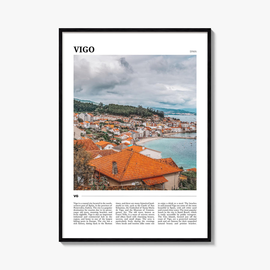 Vigo colorful travel poster of Spain – vertical wall art, unframed print shown in interior mockup