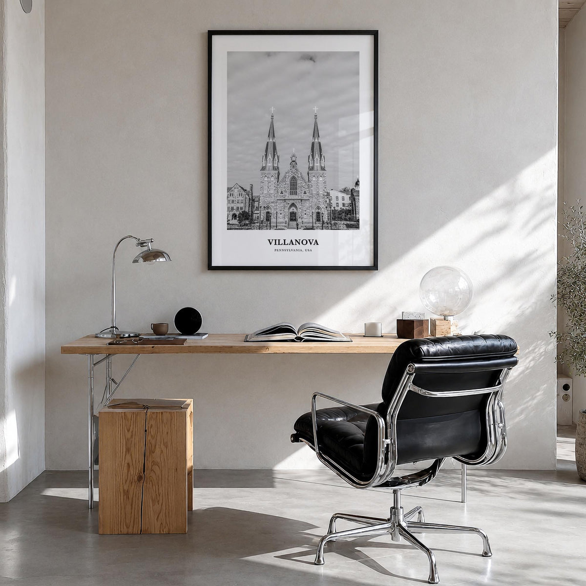 Villanova black & white classic poster of Pennsylvania, USA – vertical wall art in black wood frame, hanging on wall
