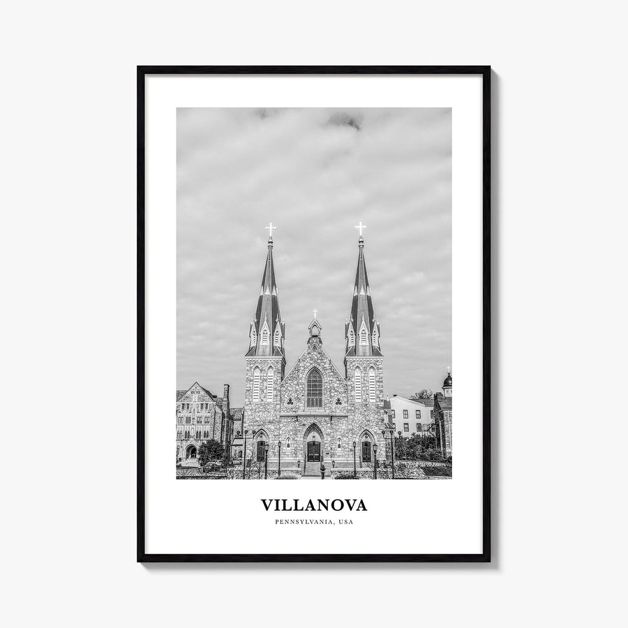 Villanova black & white classic poster of Pennsylvania, USA – vertical wall art, unframed print shown in interior mockup