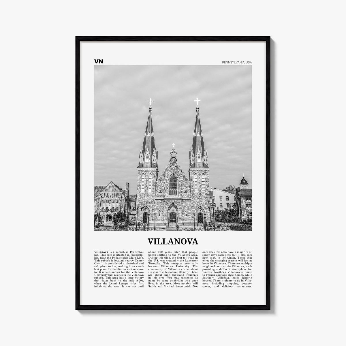 Villanova black & white newspaper poster of Pennsylvania, USA – vertical wall art, unframed print shown in interior mockup