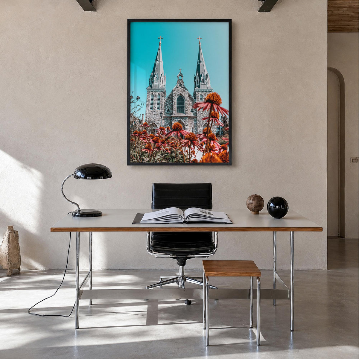 Villanova colorful photo poster of Pennsylvania, USA – vertical wall art in black wood frame, hanging on wall