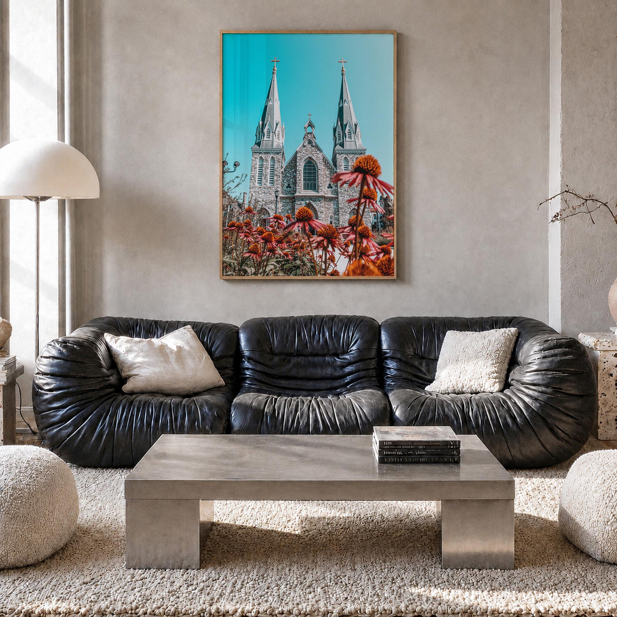 Villanova colorful photo poster of Pennsylvania, USA – vertical wall art in natural wood frame, hanging on wall